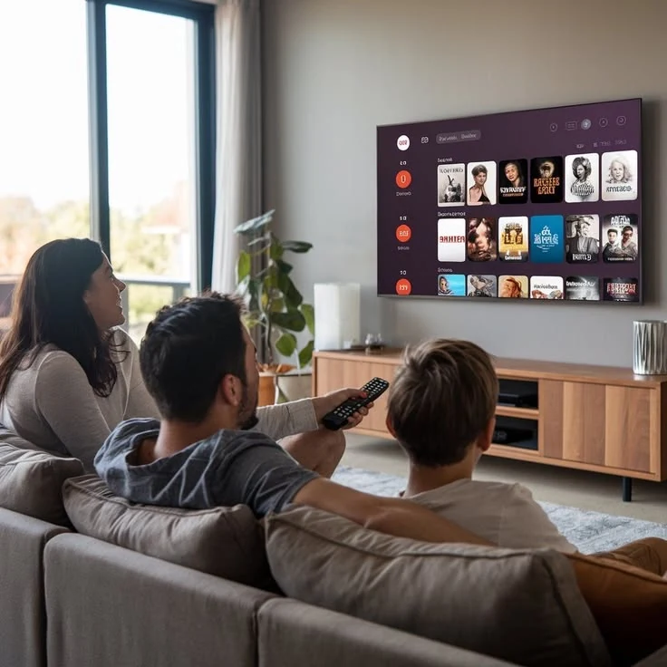 Famille regardant un programme sur un téléviseur à la maison
